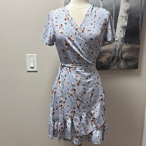 NWT Elegant Floral Wrap Mini Dress in Blue and Red